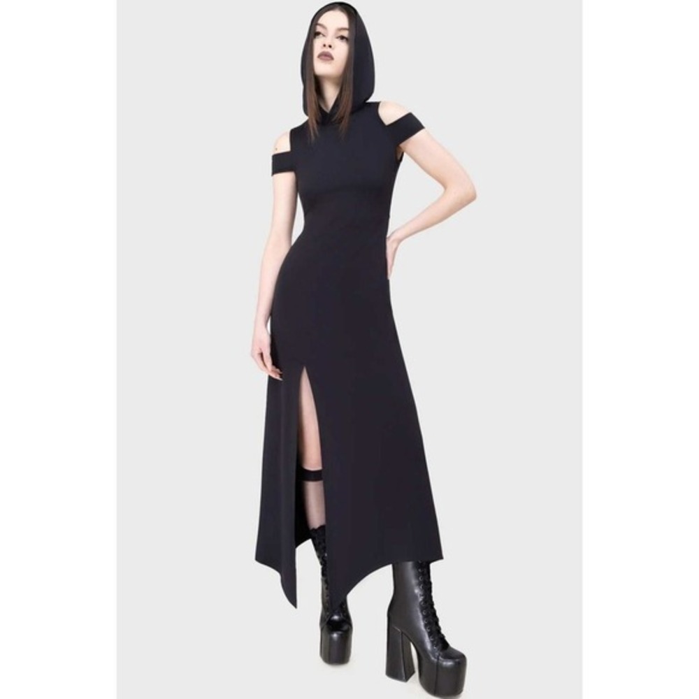 Killstar Corrosian Asymmetrical midi hooded dress black goth alternative witchy